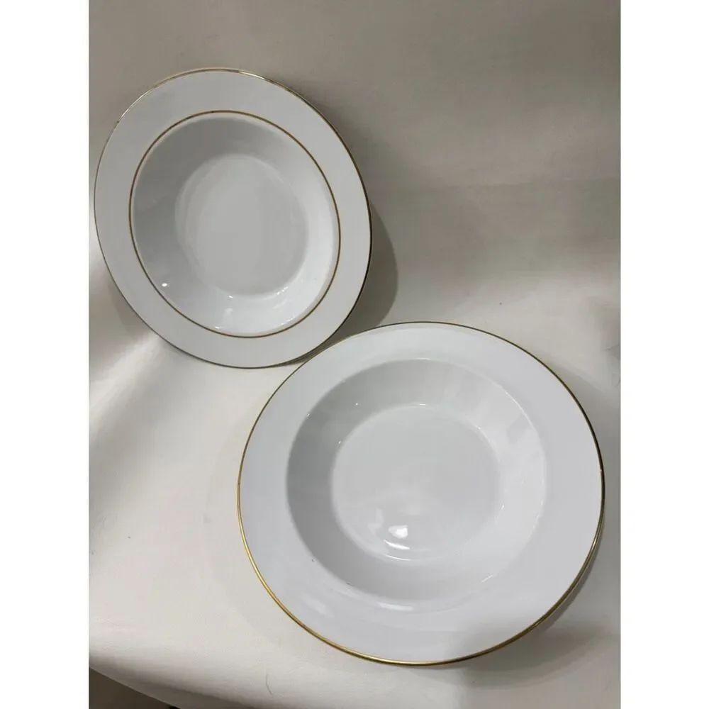 Pyroceram Corning Tableware 9 1/2 In White Soup Salad Bowls Gold Band Trim